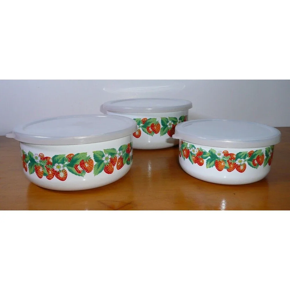Kobe Kitchen Enamel Metal Mixing Bowls Set Of 3 Strawberry Vintage With Lids